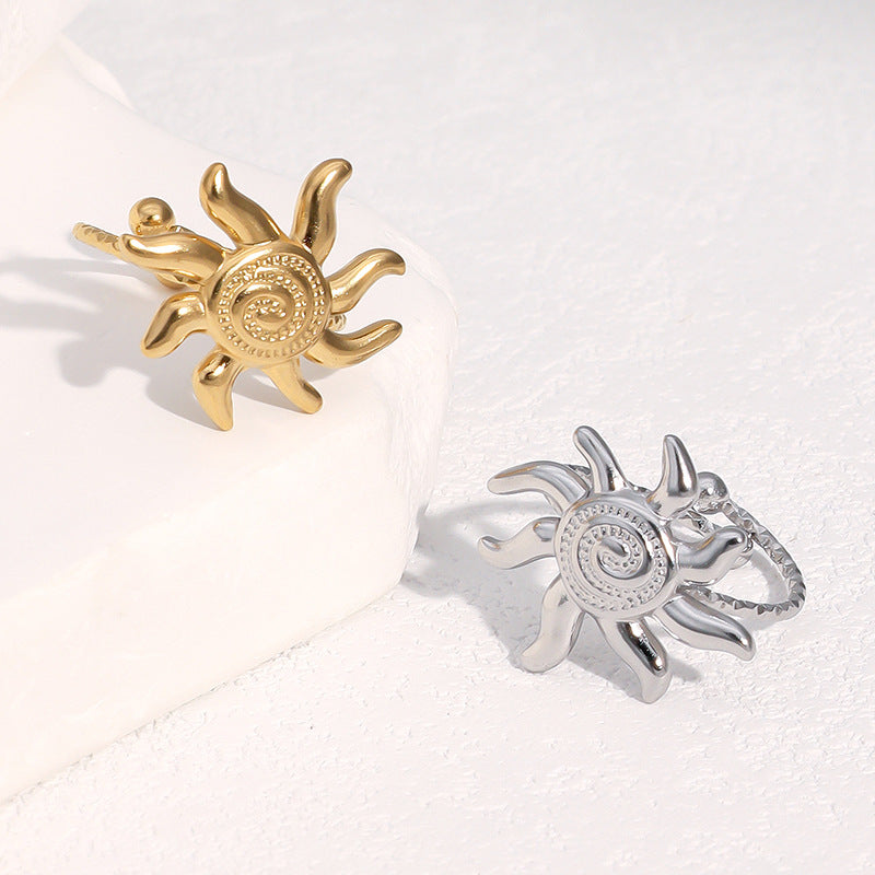Anello aperto geometrico con sole in acciaio inossidabile placcato oro 18 carati, stile minimalista vintage, da donna