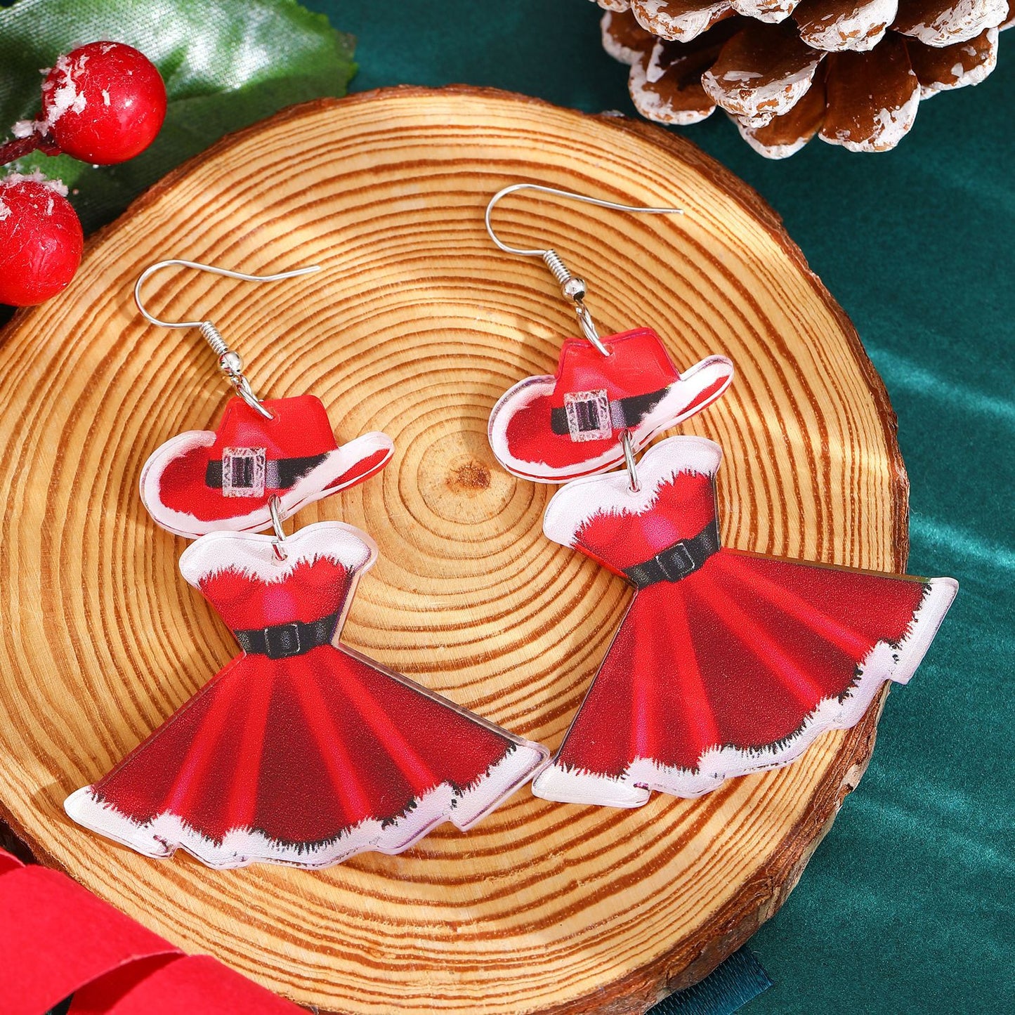 Pendientes Acrílicos Geométricos Minimalistas para Mujer con Estampado Navideño Festivo Accesorios de Fiesta Rojos