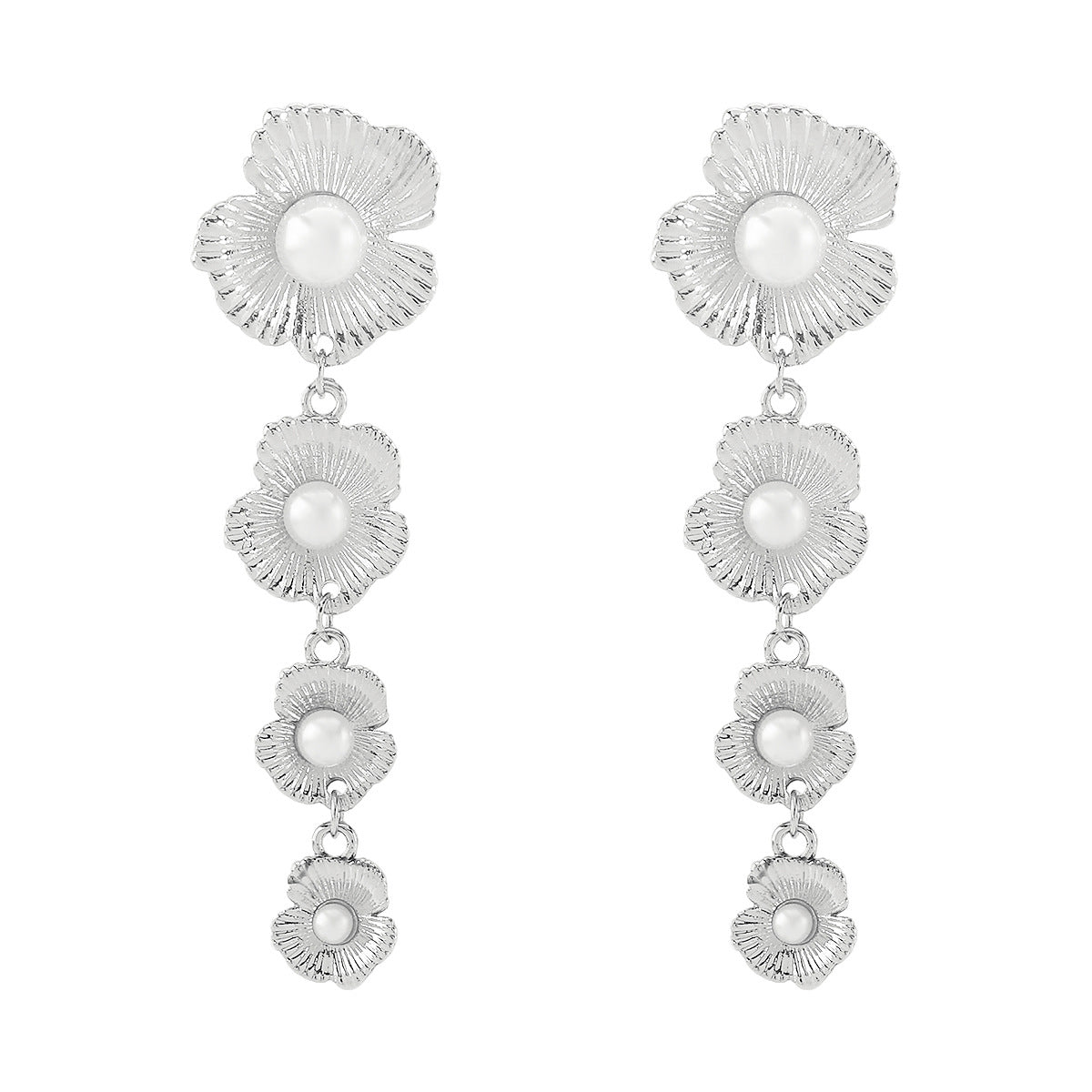 Elegant Floral Pearl Stud Earrings with Ruffled Edge in Plated Iron for Women