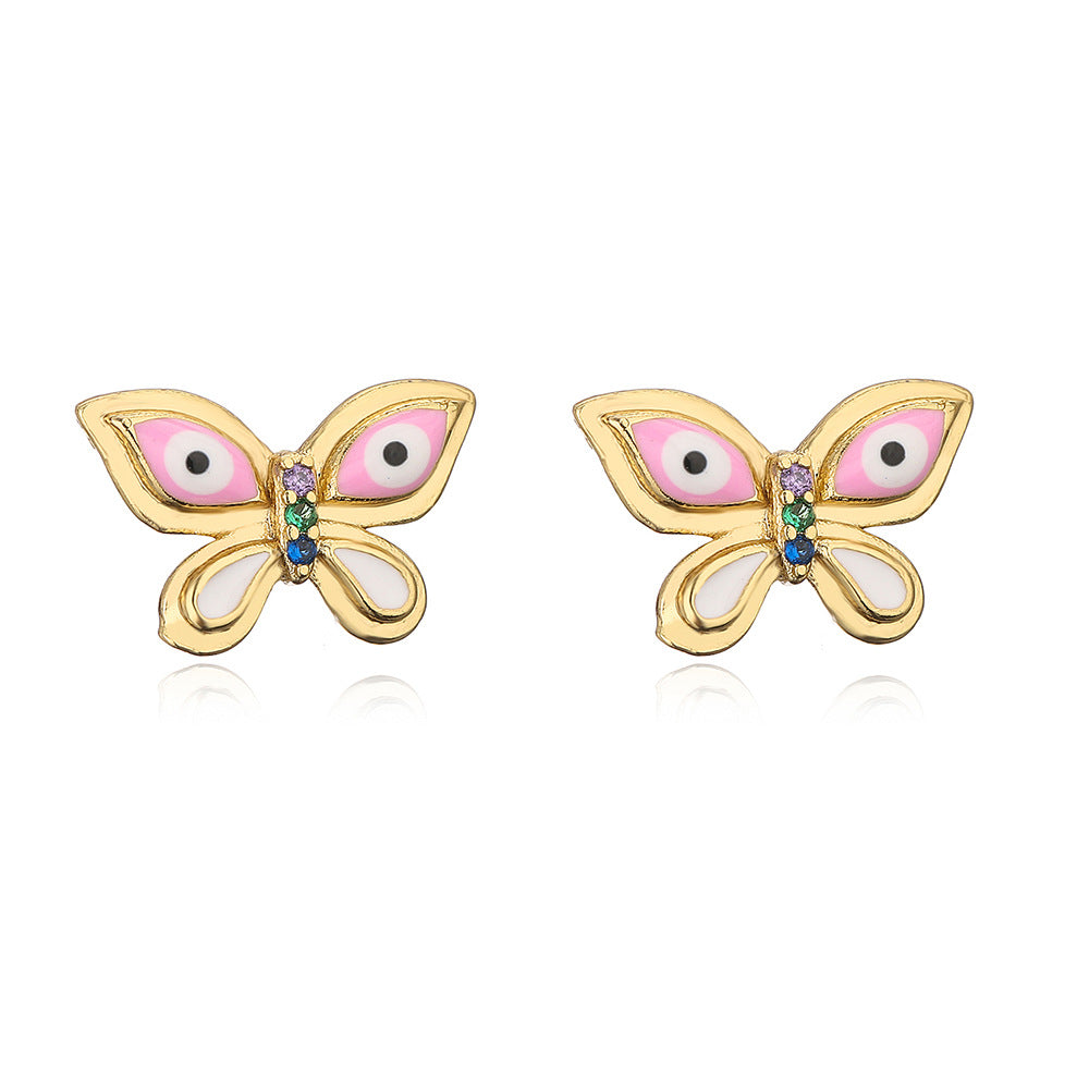 Orecchini a perno a forma di farfalla, moderni e minimalistici, da donna, realizzati in rame con placcatura in oro 18 carati e finitura smaltata con intarsio in zirconi cubici
