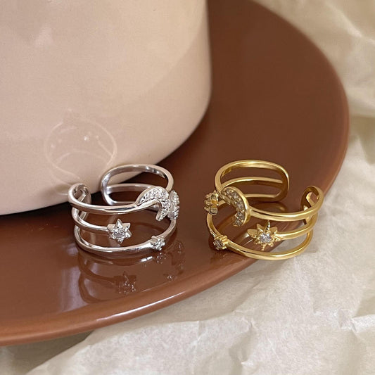 Anillo de plata de ley 925 con diseño de luna y estrella, doble capa, para mujer