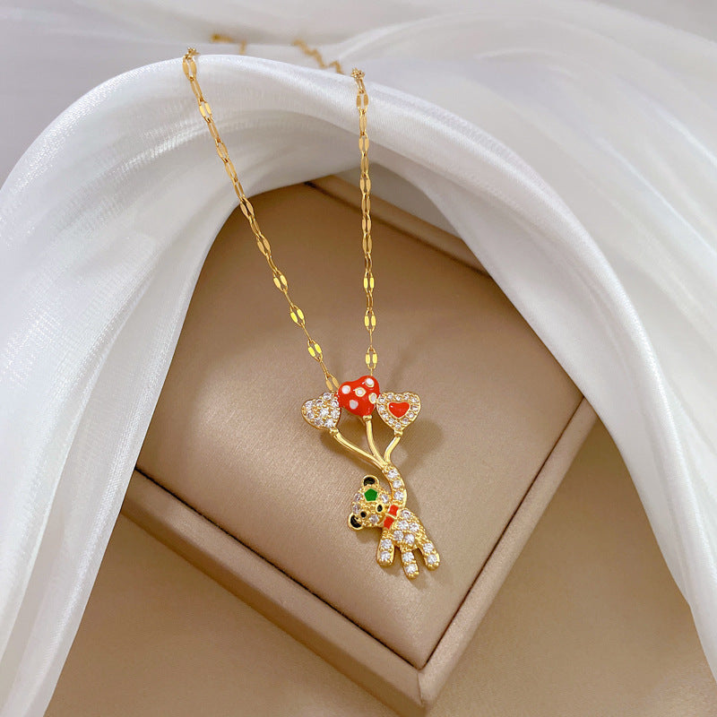 Luxury Titanium Steel Geometric Bear Pendant Necklace for Women with Rhinestone Inlay and Delicate Clavicle Chain