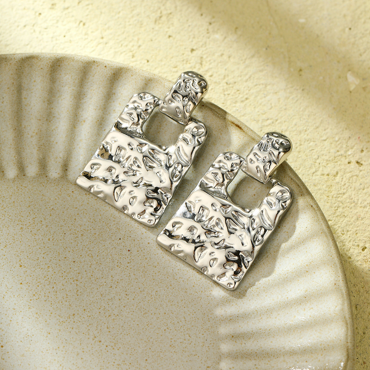 Vintage 18K Gold Plated Textured Square Stainless Steel Stud Earrings for Women