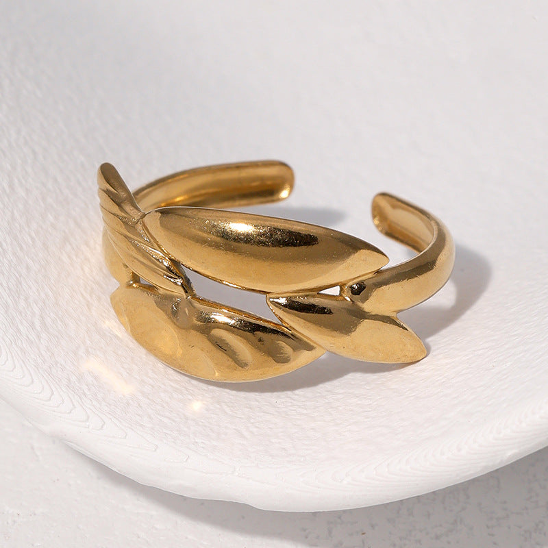 Minimalist 18K Gold Plated Stainless Steel Adjustable Open Ring Geometric Leaf Design for Women