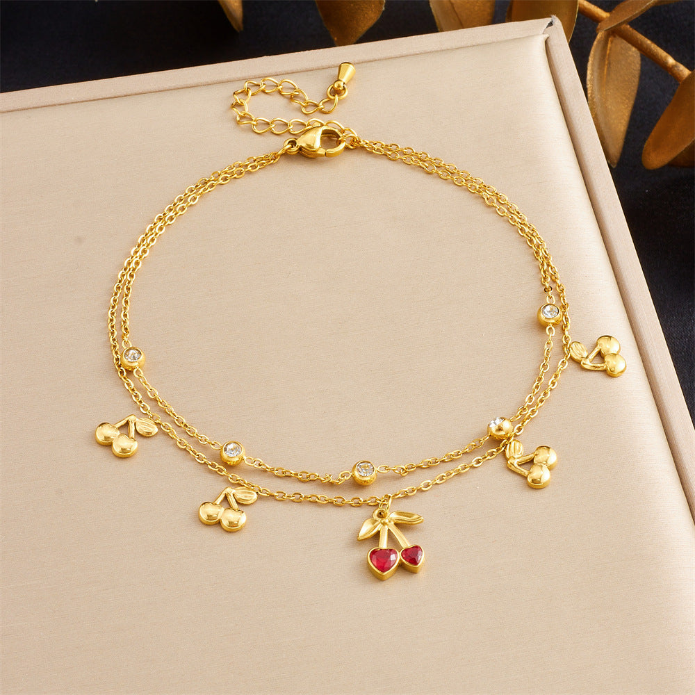 Sweet Heart Rhinestone Cherry Gold Plated Stainless Steel Double Layer Anklet for Women