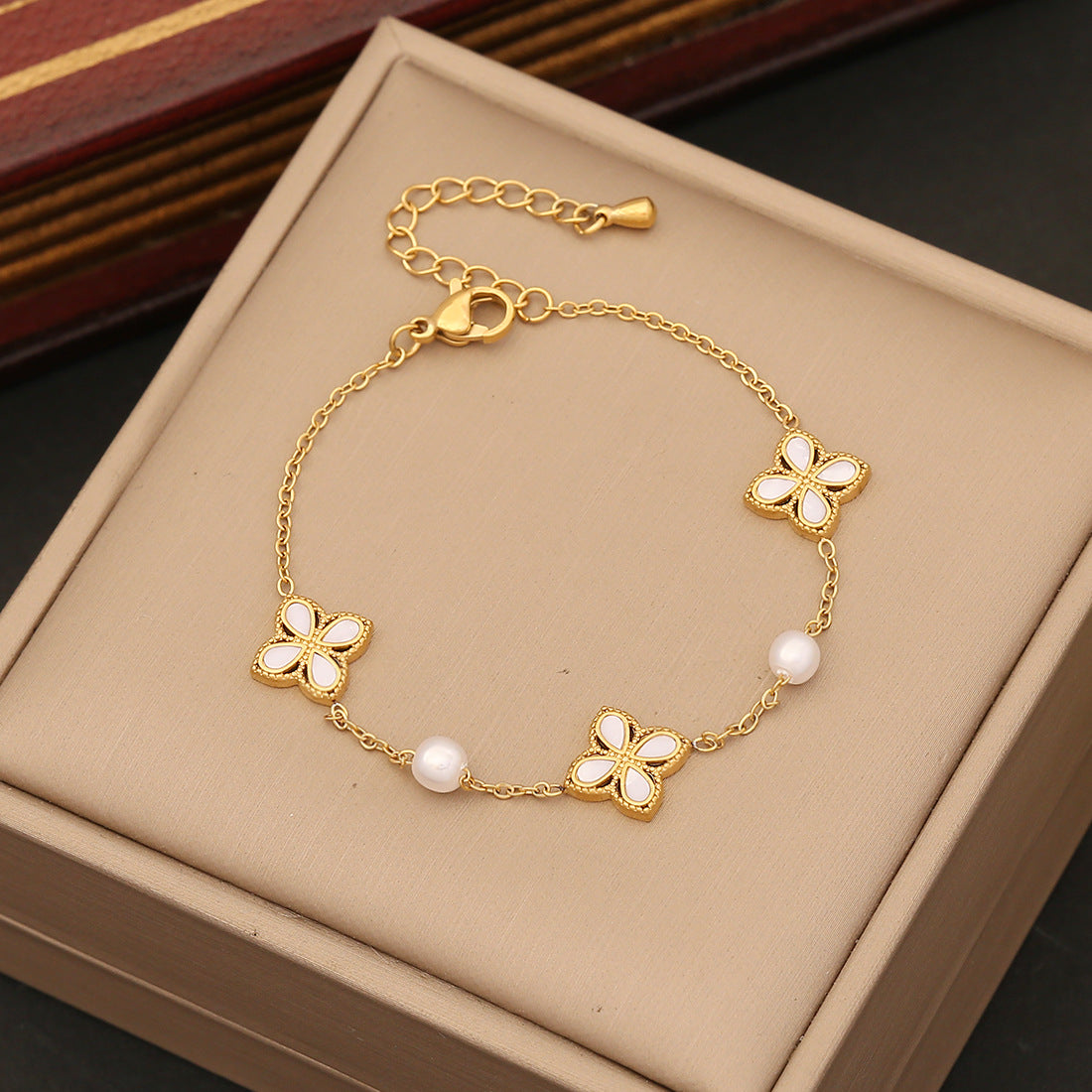 Bracciale da donna stile OL con fiore di zirconi in acciaio inossidabile con finitura placcata