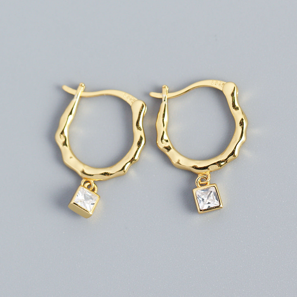Vintage Minimalist 925 Sterling Silver Geometric Square Inlaid Rhinestone Hoop Earrings for Women
