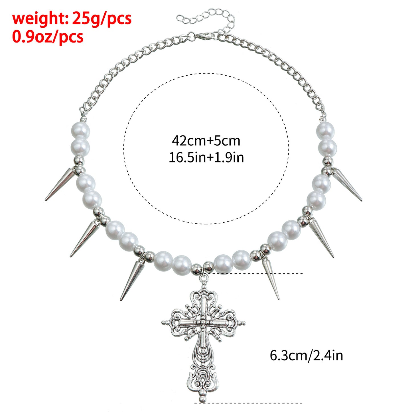 Exaggerated Geometric Cross Pendant Alloy Necklace with Pearl Accents for Women