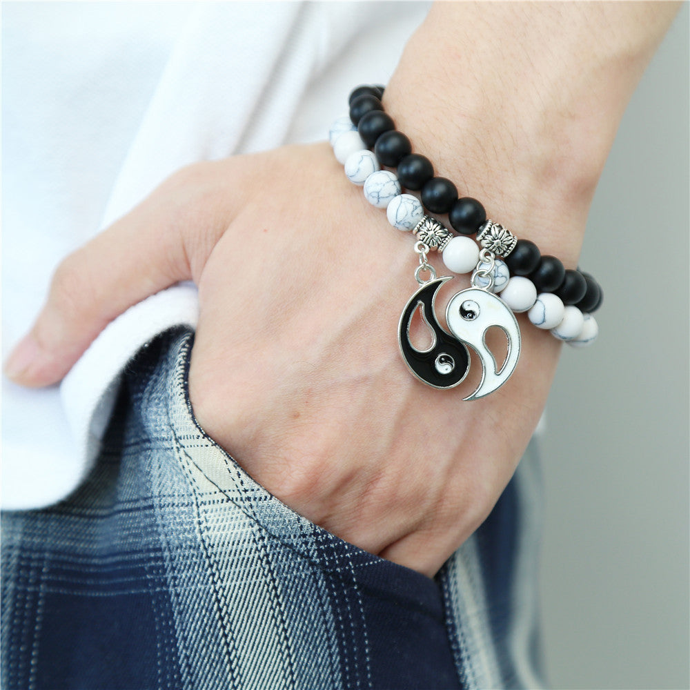 Yin Yang Geometric Round Drip Oil Matte Black and White Turquoise Alloy Bracelet Set for Unisex