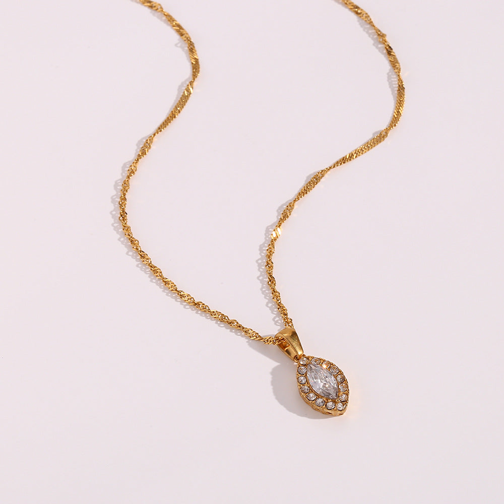 Minimalist Geometric Stainless Steel Leaf Pendant Necklace with Zircon Accents for Women