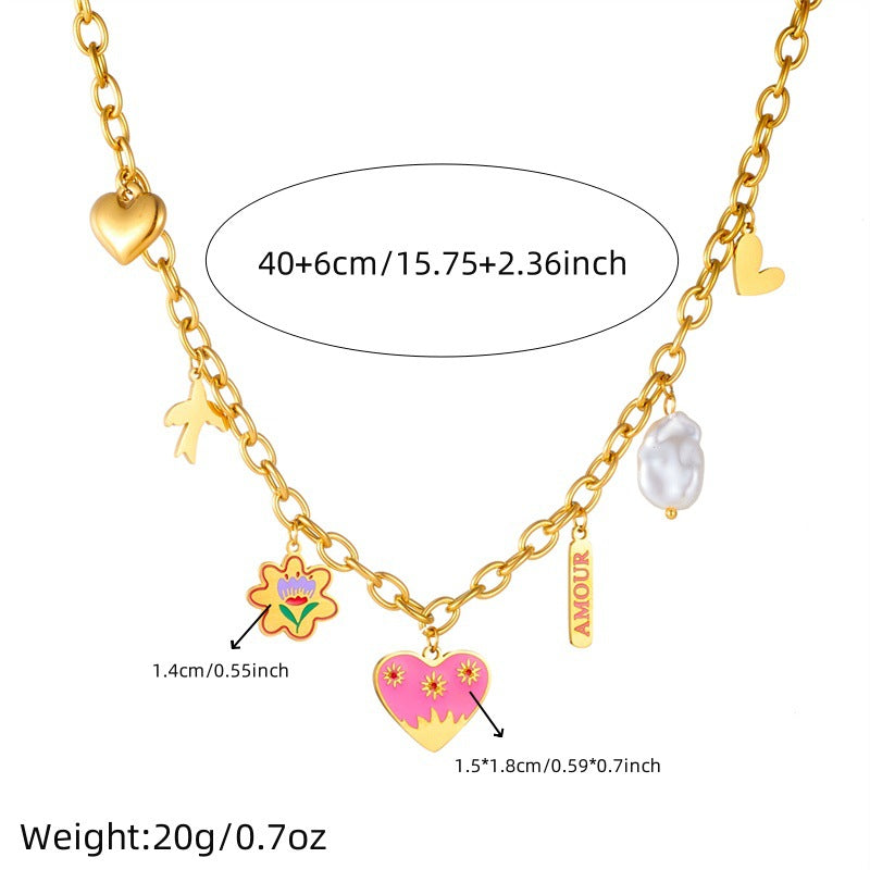 Elegant Cartoon Heart Drip Oil Plated Stainless Steel Necklace with Pearl and Floral Pendant for Women