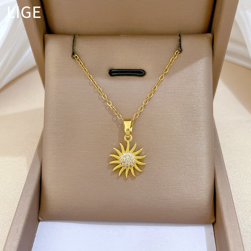 Sweet Minimalist Geometric Rhinestone Sunflower Pendant Titanium Steel Necklace for Women and Men