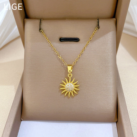 Sweet Minimalist Geometric Rhinestone Sunflower Pendant Titanium Steel Necklace for Women and Men