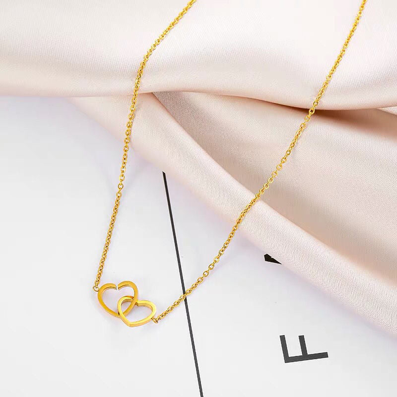 Minimalist 18K Gold Plated Titanium Steel Double Heart Pendant Necklace for Women and Men