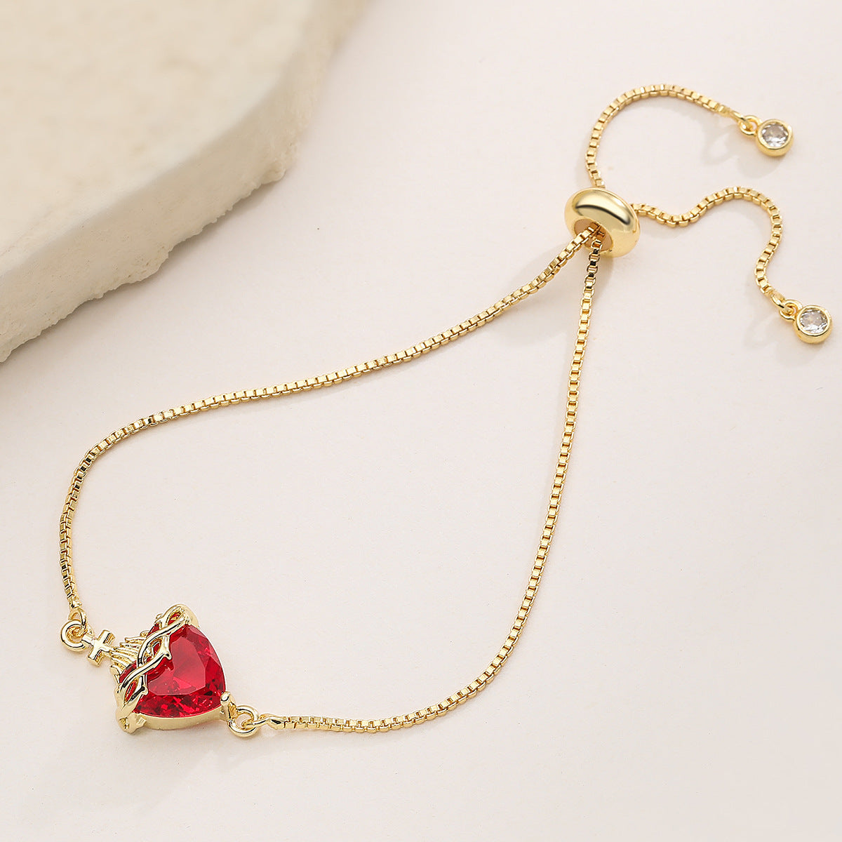 Red Cubic Zirconia Heart Cross Geometric Gold Plated Brass Bracelet for Women