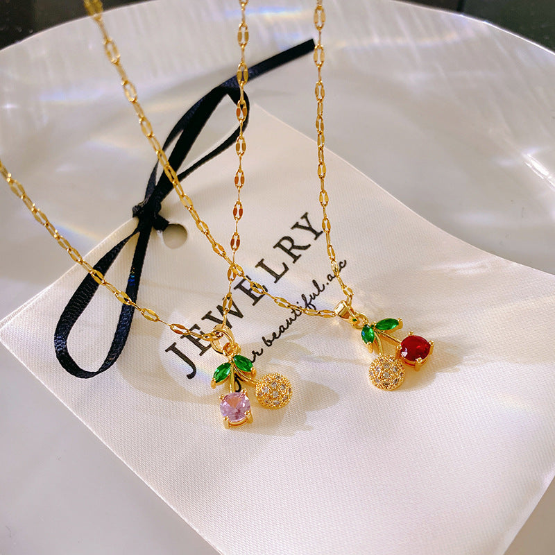 Sporty Sweet Gold Plated Brass Cherry Pendant Titanium Steel Necklace for Unisex
