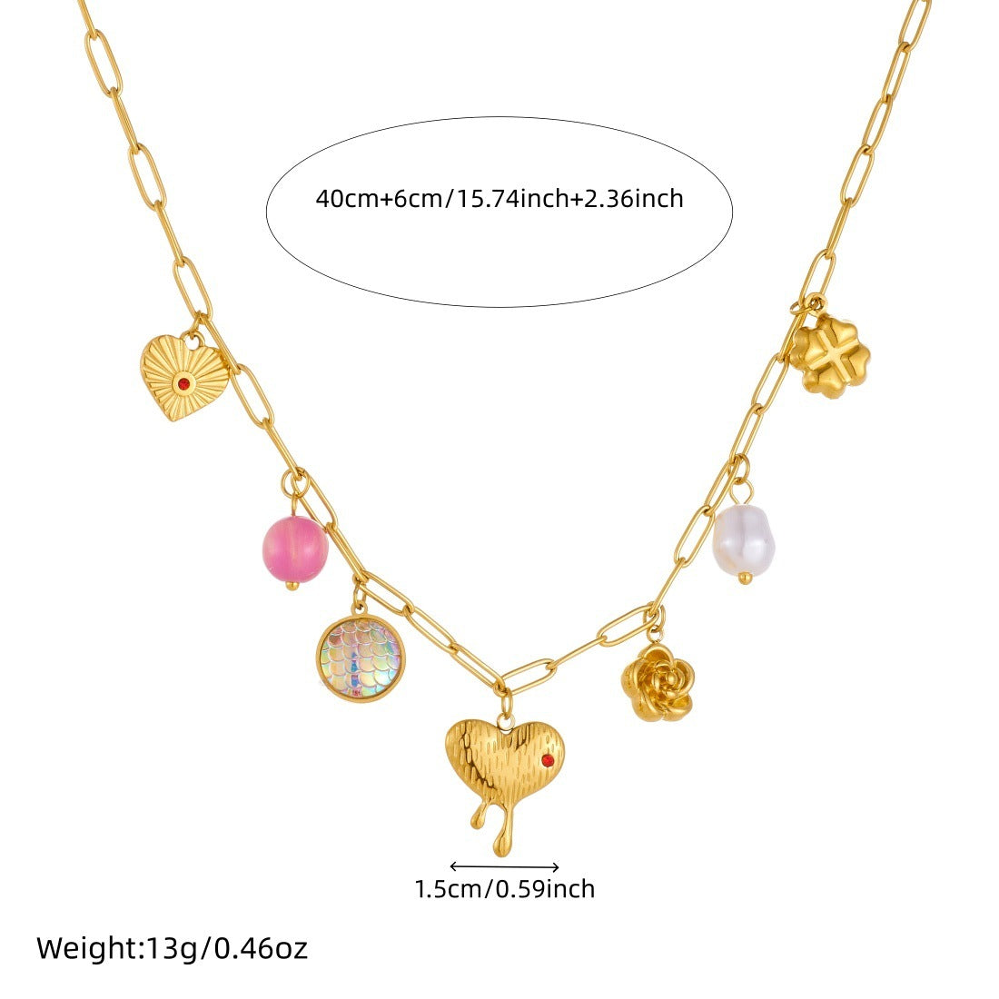 Sweet Gold Plated Rhinestone Inlaid Heart and Teardrop Floral Stainless Steel Necklace with Curb Chain