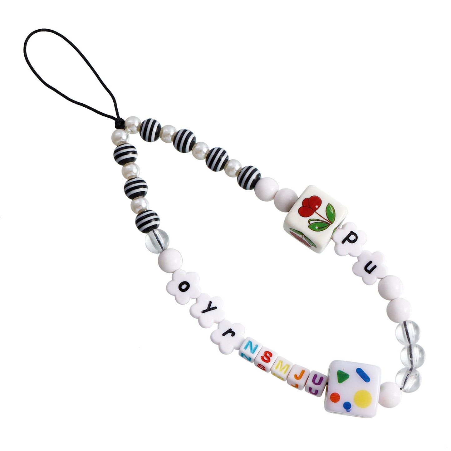 Sweet Colorful Acrylic Beaded Phone Chain with Heart Teardrop and Round Charms