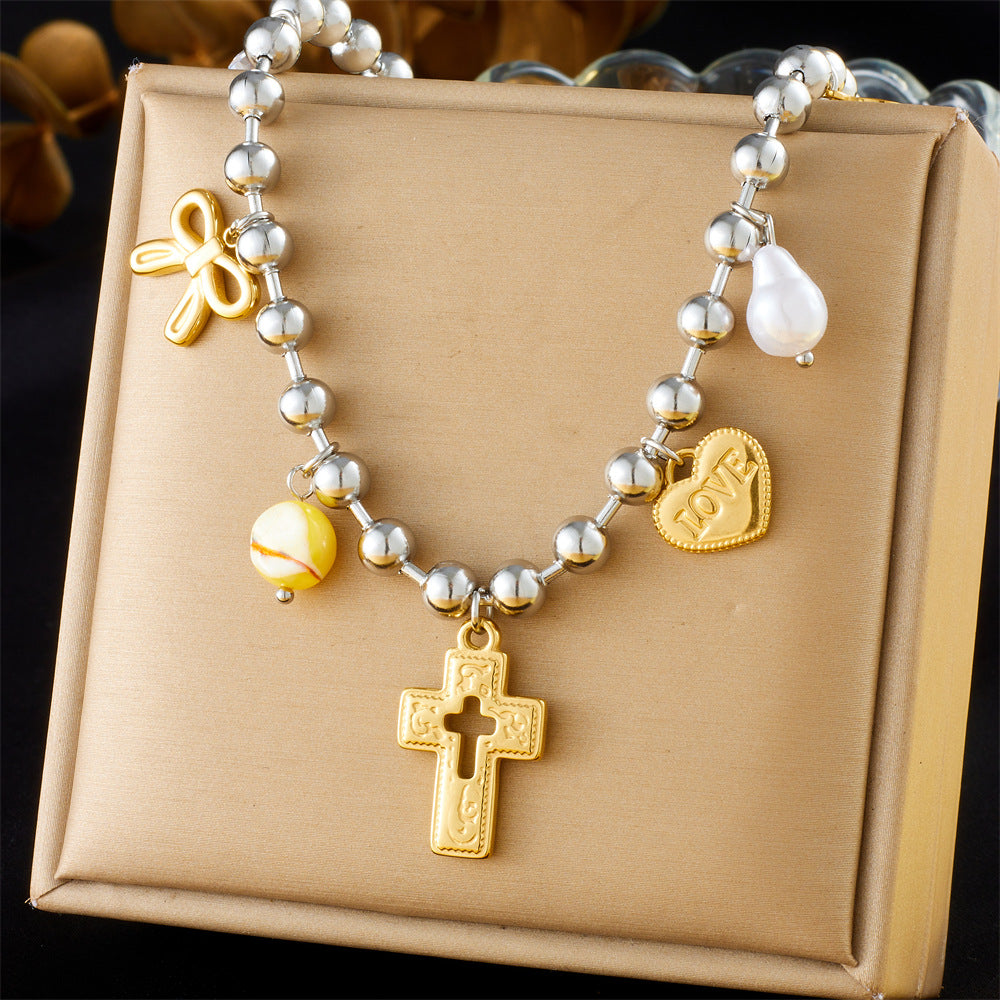 Sweet Cross Heart Bow Drip Oil Eye Pendant Stainless Steel Ball Chain Necklace for Women