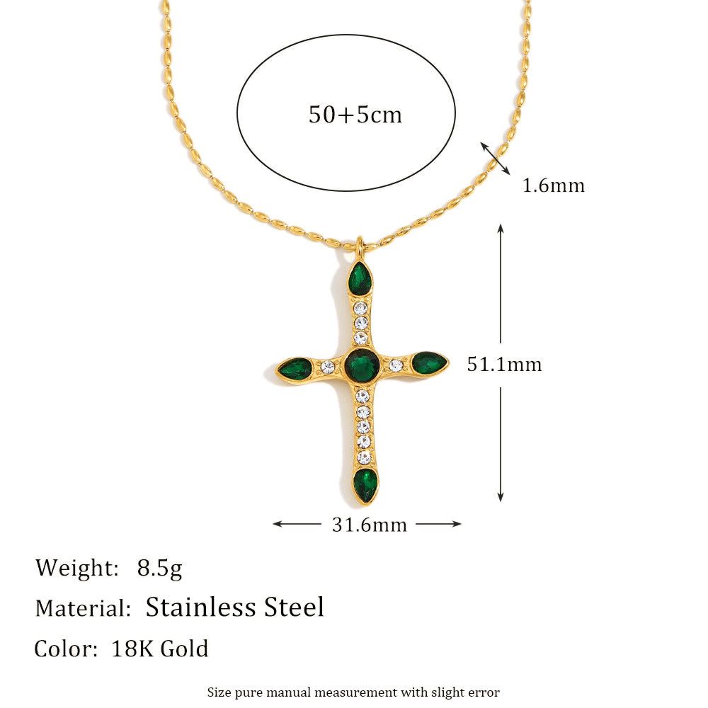 Vintage French Style Geometric Cross Pendant Necklace for Women in Stainless Steel with 18K Gold Plating and Green Zircon