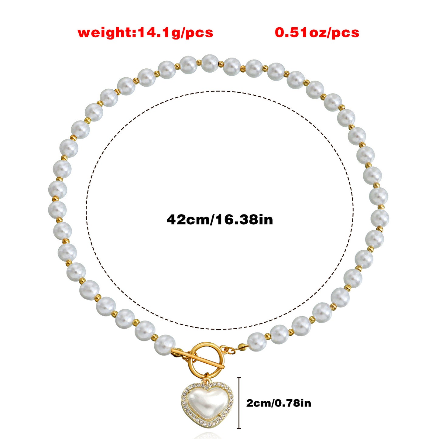 Sweet Acrylic and Pearl Beaded Necklace with Heart Pendant on Pearl Chain for Women