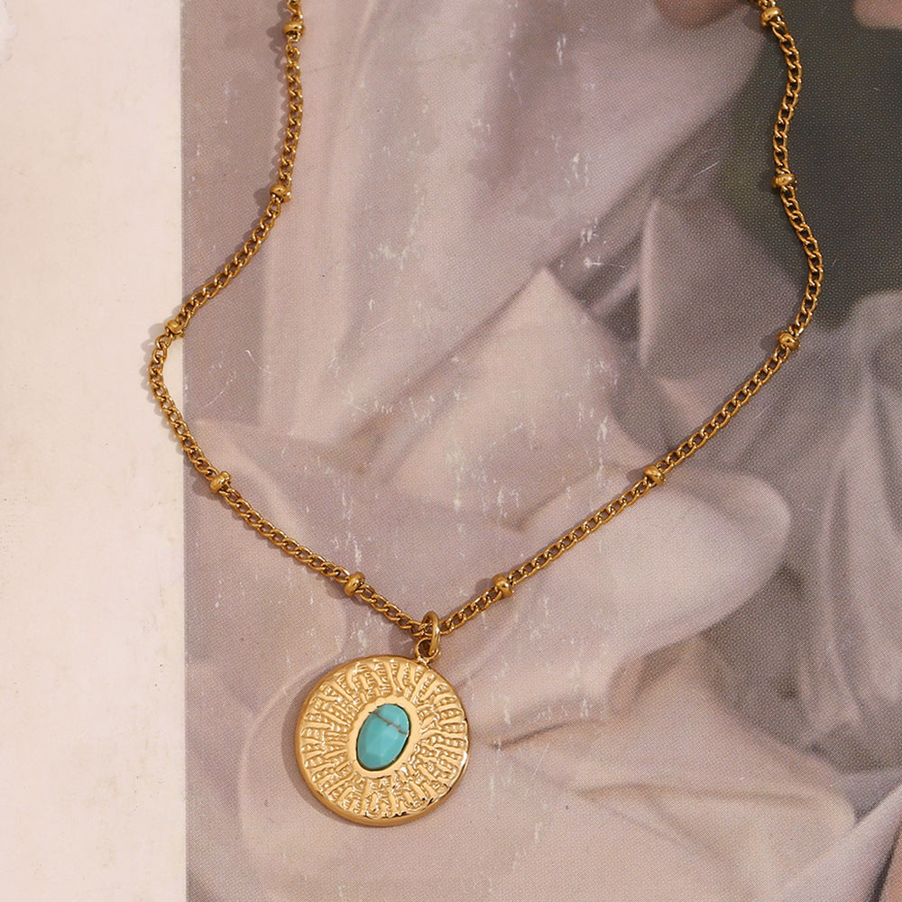 Collar con Colgante Redondo Geométrico Minimalista Turquesa para Mujer de Acero Inoxidable con Baño de Oro de 18K y Textura Martillada