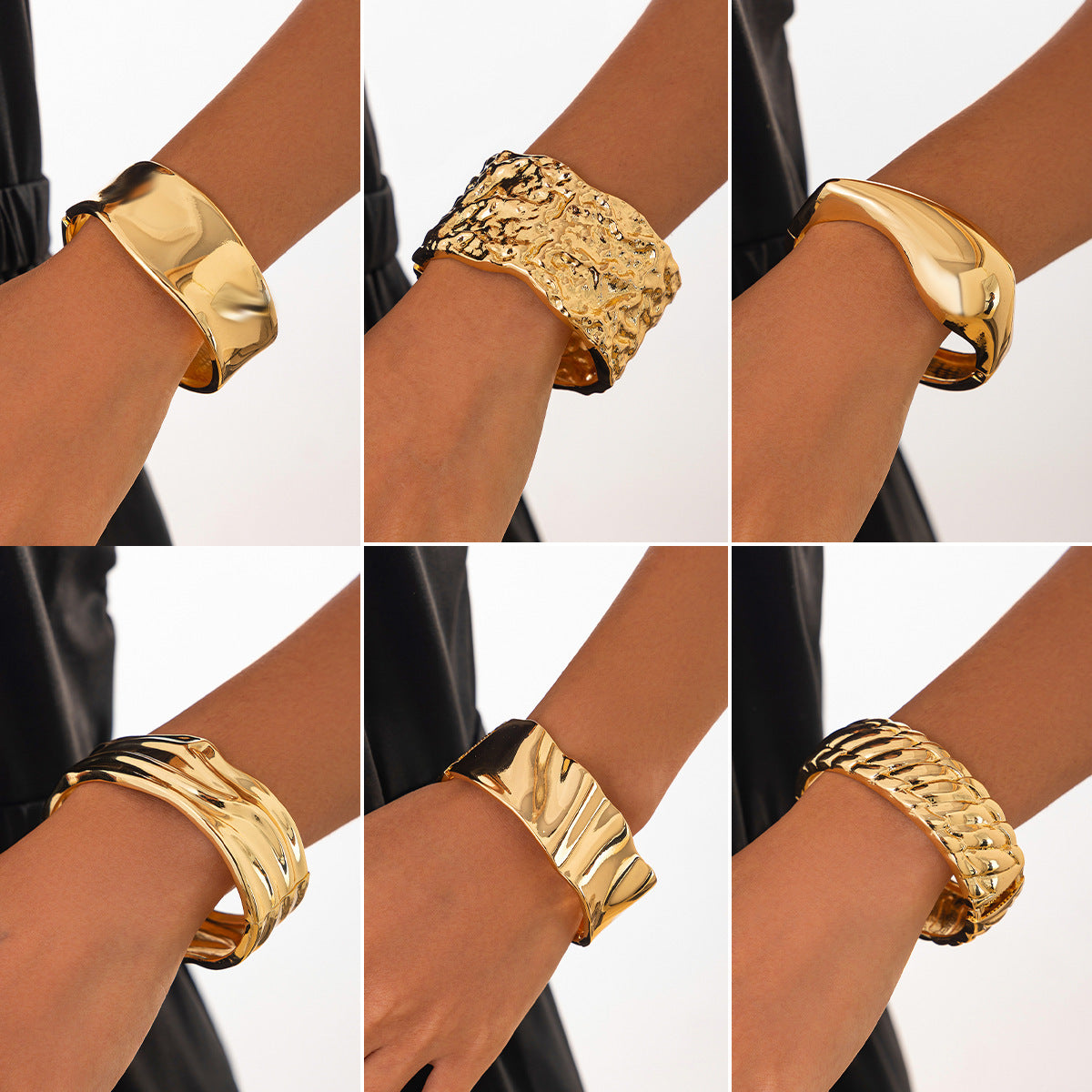 Pulsera de puño de metal líquido arrugado irregular con acabado chapado de alto brillo para mujer