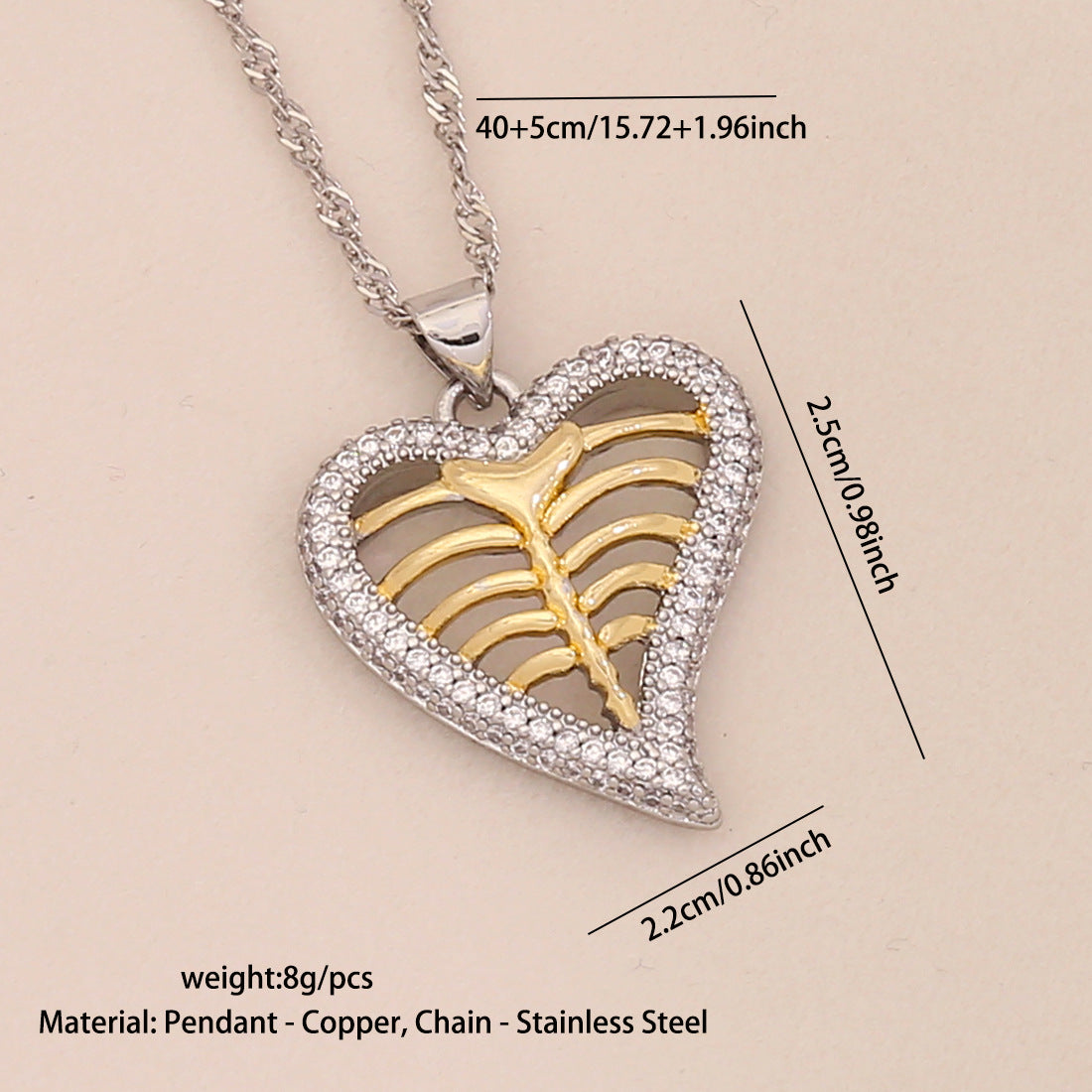 Fashionable Heart-Shaped Copper Pendant Necklace with Gold-Tone Accents for Women