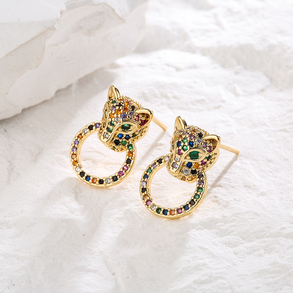 Geometric Style Copper Stud Earrings with 18K Gold Plating and Multicolor Zircon Accents