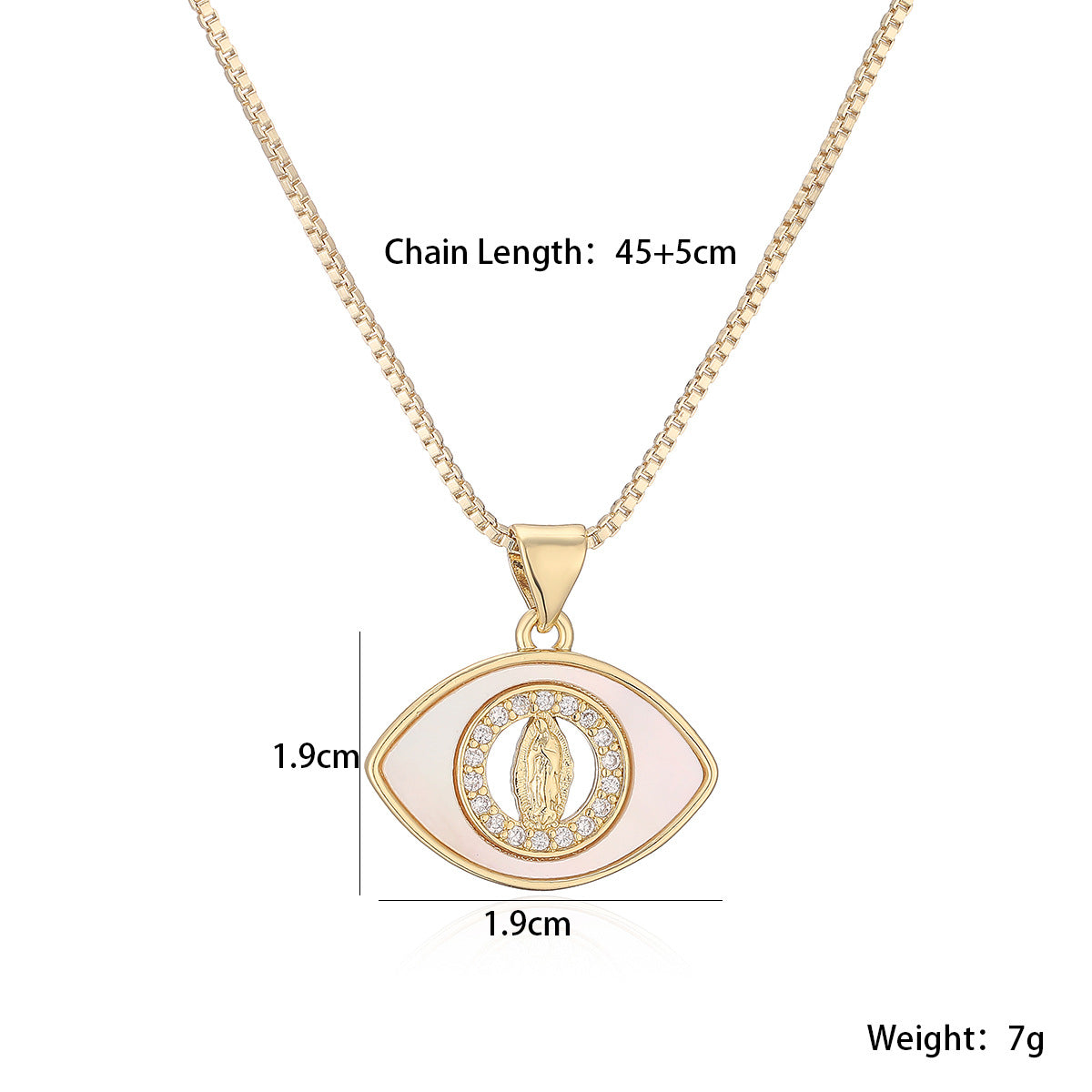 Vintage Minimalist 18K Gold Plated Brass Teardrop Virgin Mary Eye Pendant with Cubic Zirconia and White Mother of Pearl