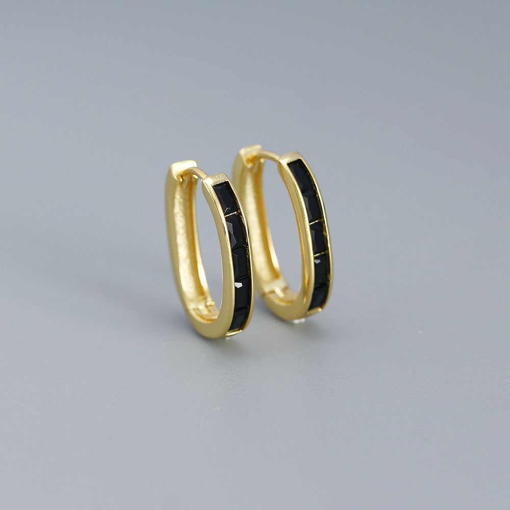 Vintage French-Style Enamel U-Shaped Earrings in Sterling Silver with Geometric Design for Women