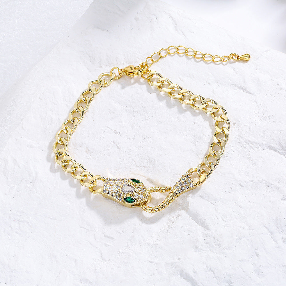 INS Style Geometric Snake Shape Copper Bracelet with 18K Gold Plating and Zircon for Women