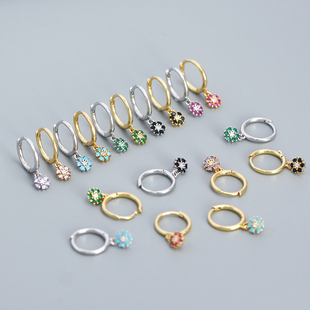 Minimalist Floral Geometric Earrings in 925 Sterling Silver with Blue Zircon Inlay