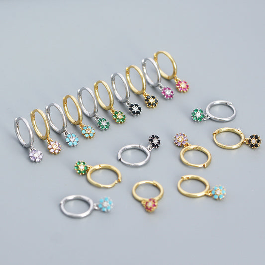 Orecchini minimalistici geometrici floreali in argento sterling 925 con intarsio di zircone blu