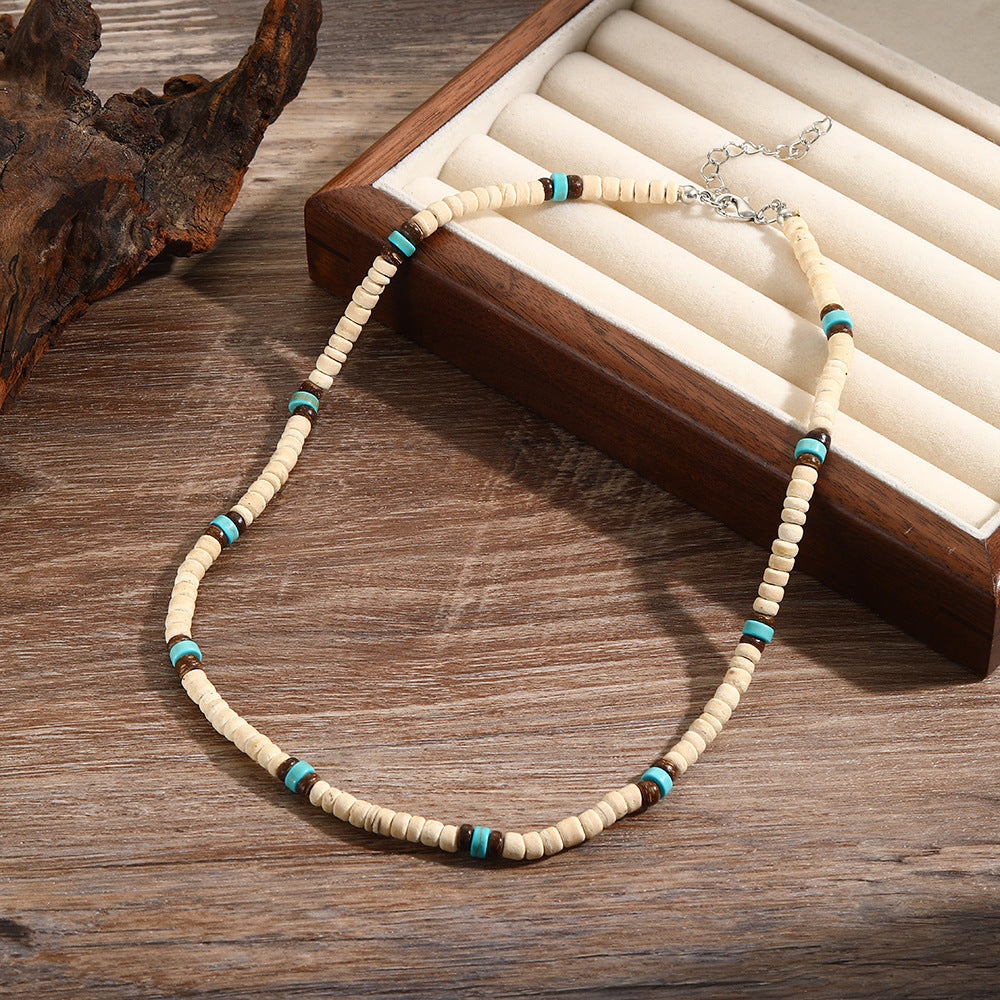 Punk Geometric Round Turquoise Beaded Necklace Stainless Steel Ball Chain Unisex