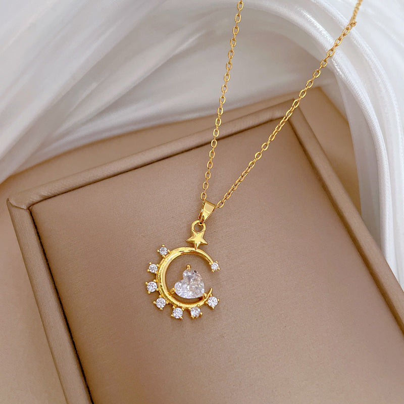 Minimalist Moon Star Heart Geometric Pendant Necklace for Women Stainless Steel Snake Chain with Full Rhinestone Accents