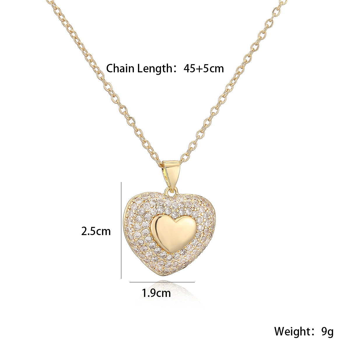 Minimalist 18K Gold Plated Brass Heart Cubic Zirconia Pendant Necklace for Women