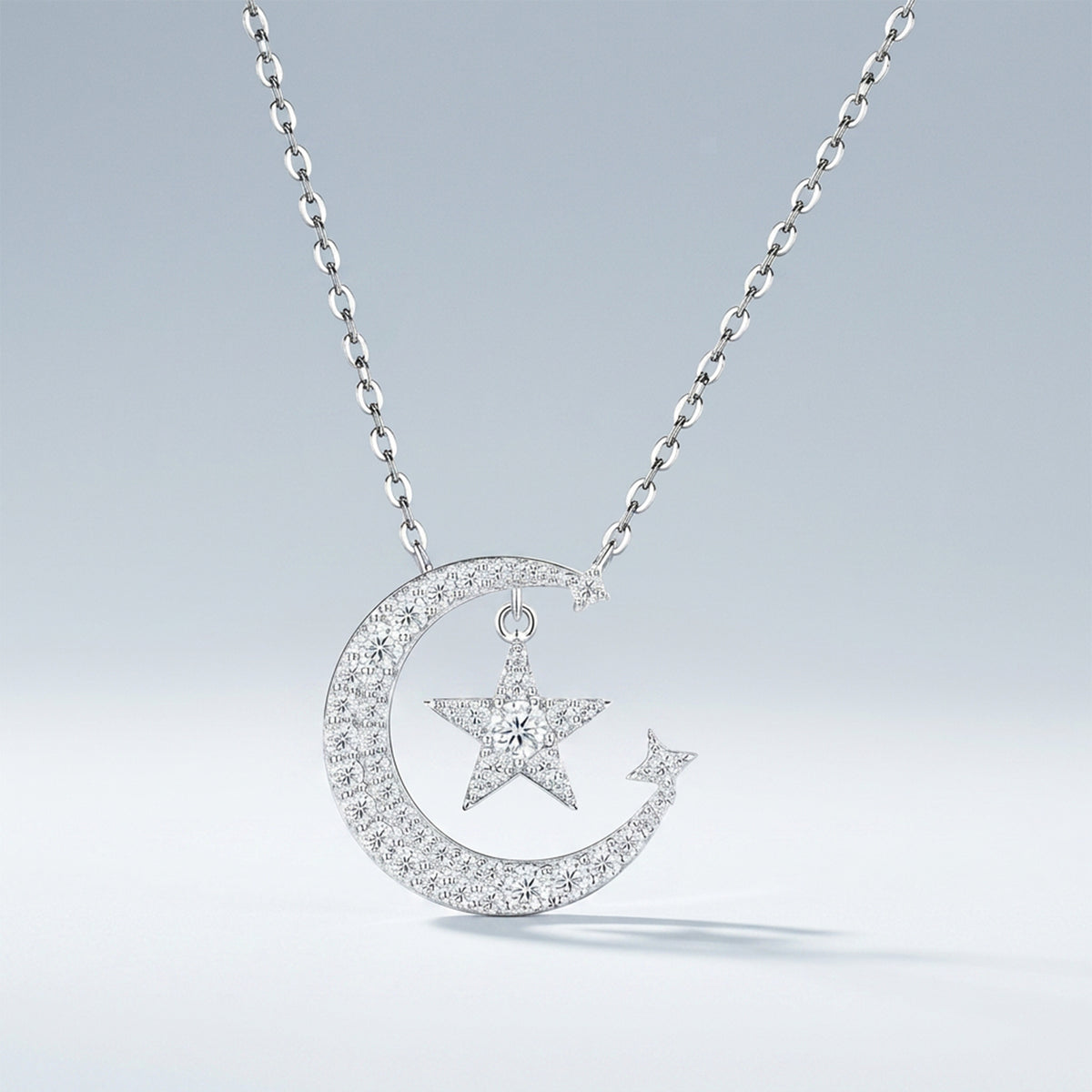 Sweet Minimalist Star Moon Geometric 925 Sterling Silver Moissanite Inlay Necklace for Women