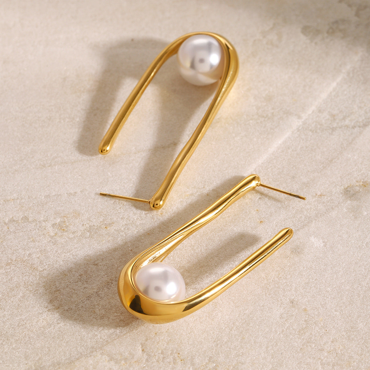 Geometric Plated Stainless Steel Pearl Earrings for Women