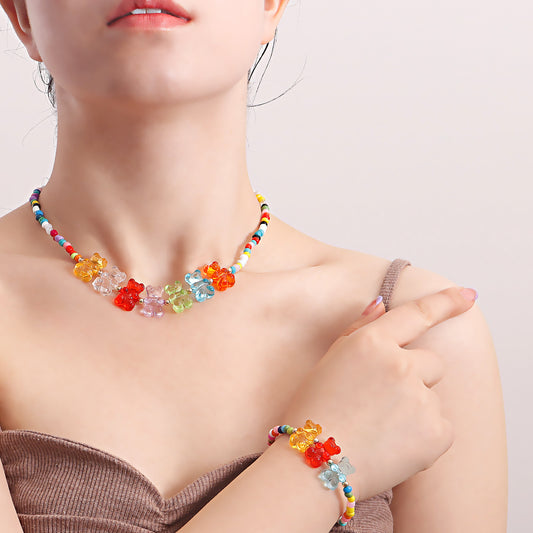 Bohemian Bear Pendant Necklace Set with Alloy Chain and Plated Finish for Women
