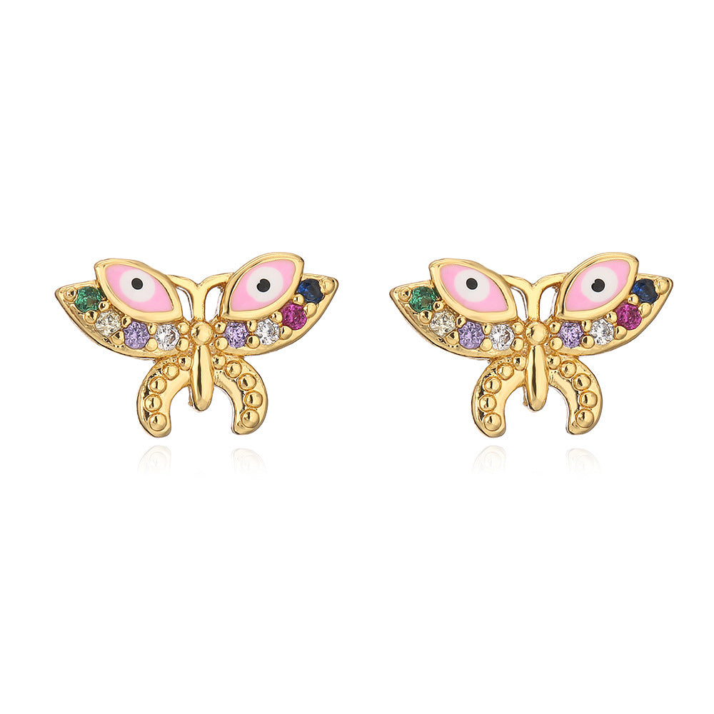Orecchini a perno con farfalla geometrica alla moda, in rame, micro-pavé di zirconi e smalto, placcati oro 18K per donna