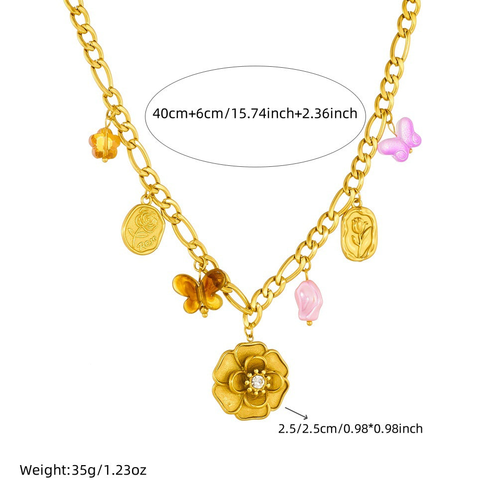Fashionable Butterfly and Camellia Pendant Necklace in Gold-Plated Stainless Steel for Women