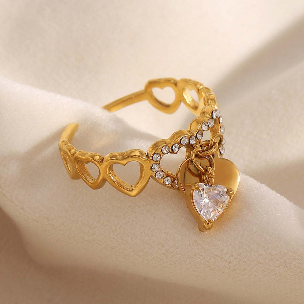 Anello Aperto da Donna alla Moda in Stile Vintage Geometrico in Acciaio Inossidabile Placcato Oro 18K con Nappa a Cuore