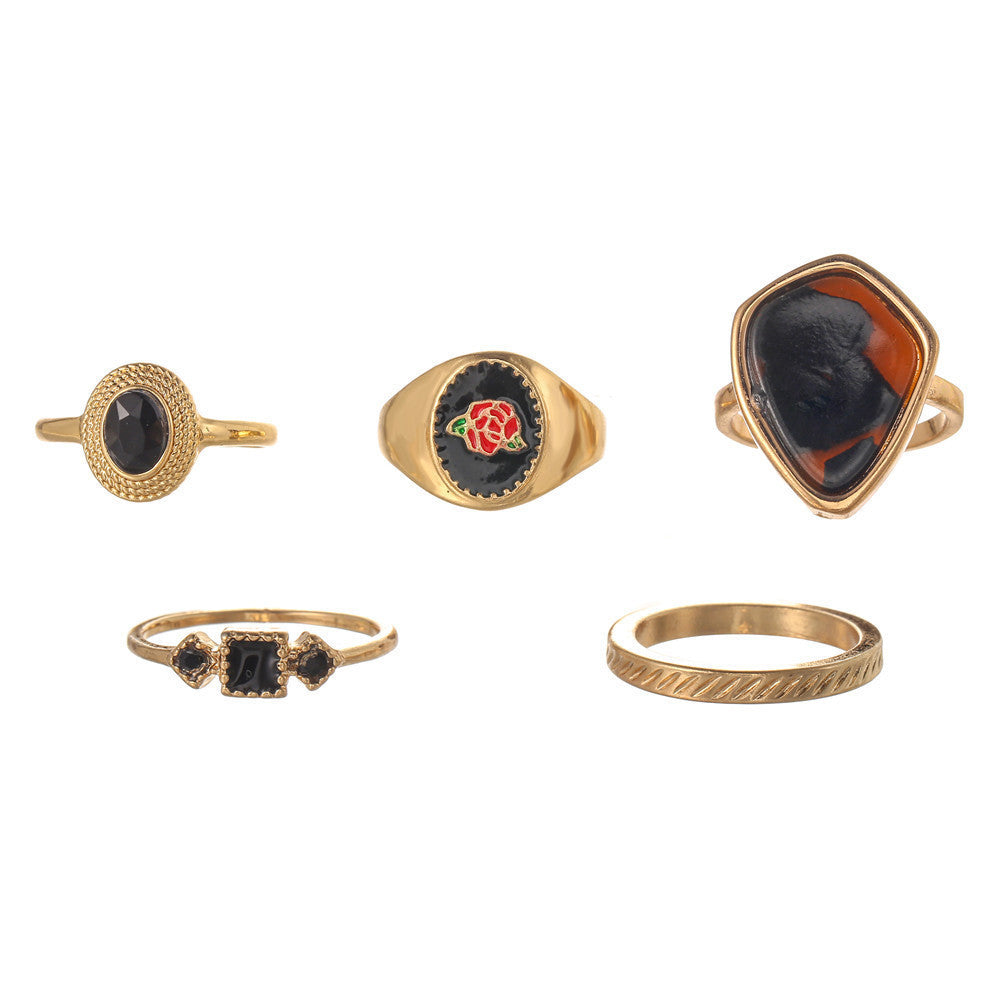 Sweet Geometric Leopard Print Floral Drip Oil Acrylic Alloy Ring Set