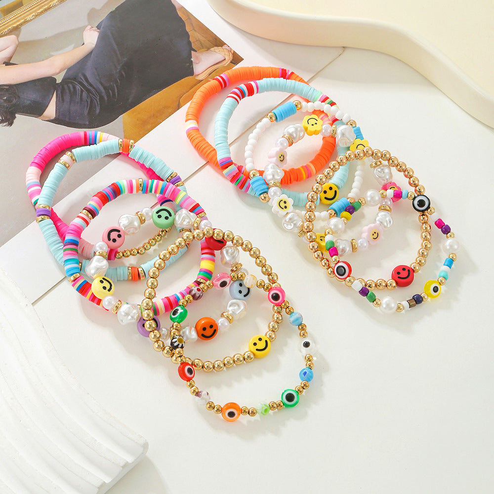 Sweet Color Block Resin Smiley Face Bracelet Set Geometric Round Design