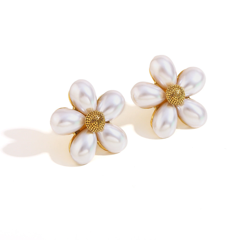 Elegant Floral Stainless Steel Earrings with 18K Gold Plating and Simulated Pearl Accents for Women