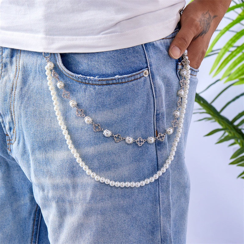 Catenina da vita in metallo stile hip-hop con perle e design floreale unisex