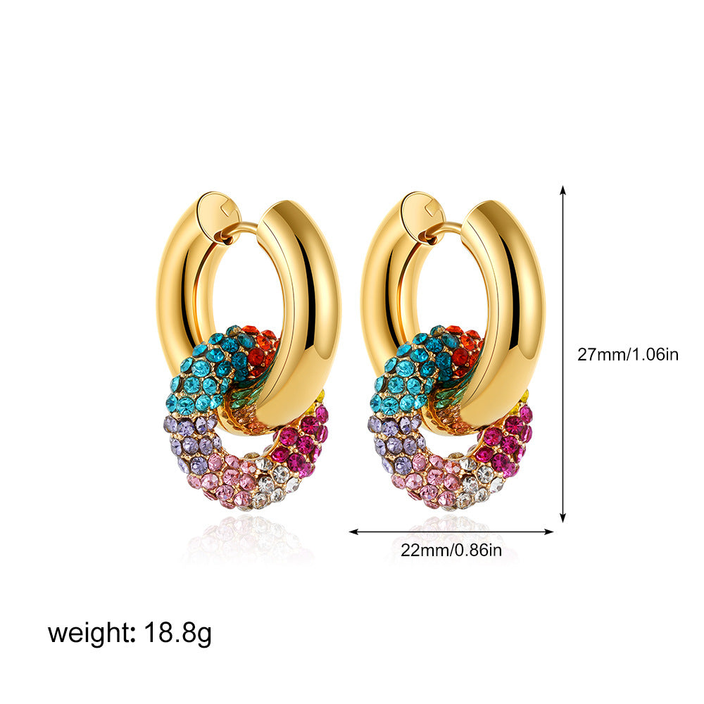 Orecchini a Cerchio Rotondi in Acciaio Inossidabile Placcato Oro 18K con Intarsio di Strass Unisex