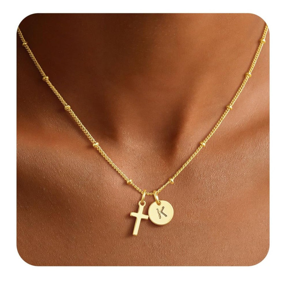 Luxury Elegant Stainless Steel Plated Cross Letter Pendant Necklace Ball Chain Women's Jewelry