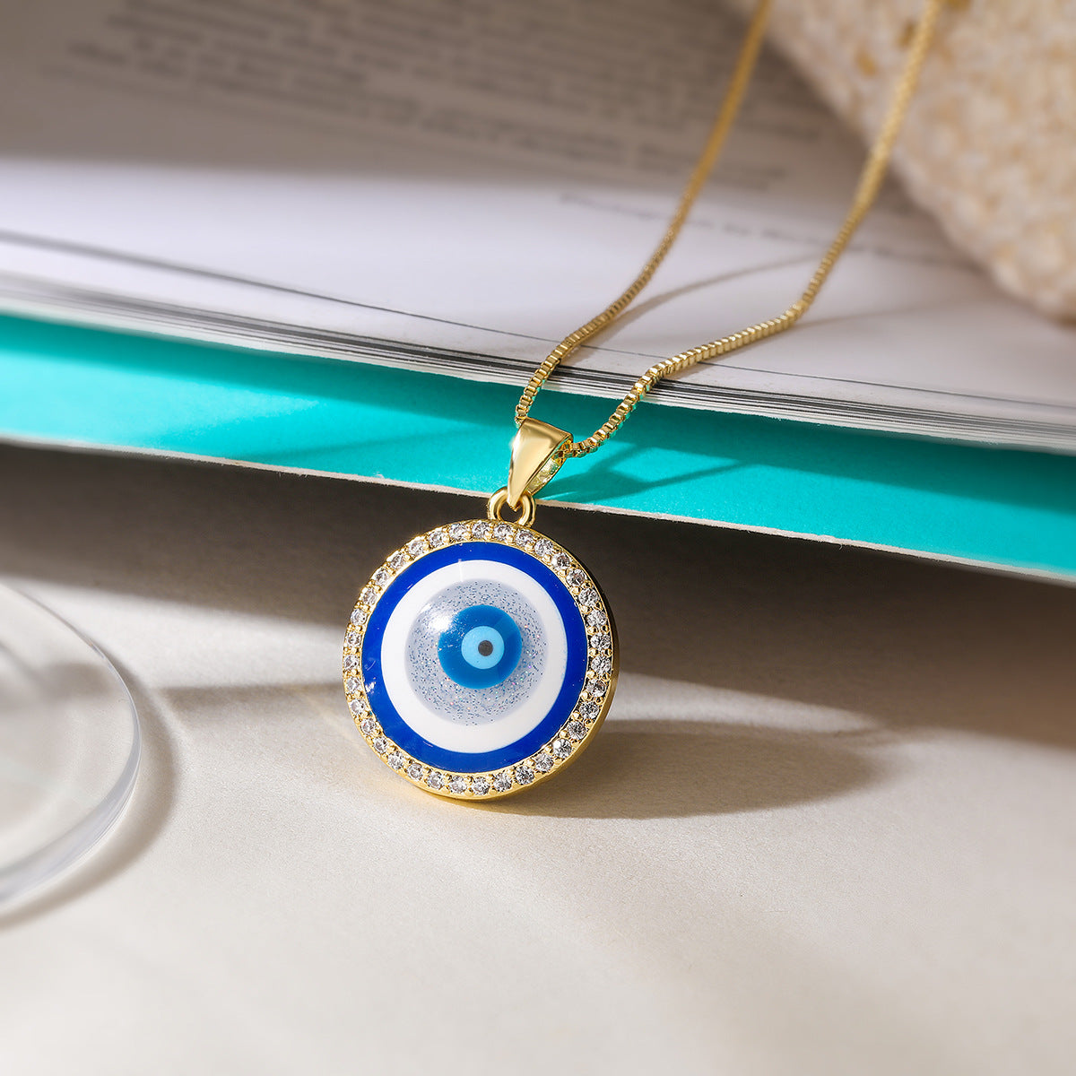 Minimalist Geometric Evil Eye Pendant Necklace in Brass with Gold Plating and Zircon Inlay